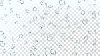 Water Drops Background Vector. Water Splash. Droplet Icon. Natural Dew. Smooth Shape. Rain Splash. Steam Vapor Dew. Isolated On Transparent Background Illustration