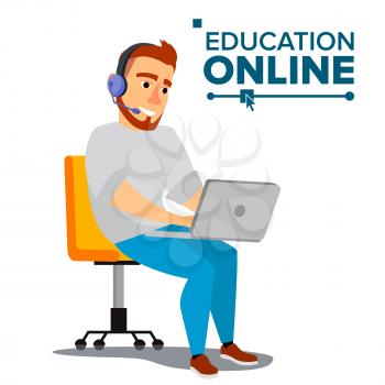 Education Online Vector. Home Online Education Service. Young Man In Headphones Working With Computer. Modern Learning Technology. Isolated Flat Cartoon illustration