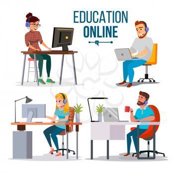 Education Online Concept Vector. People Using Online Education Service, Course. E-Learning Science Concept. Isolated Illustration