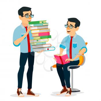 Man In Book Club Vector. Carrying Large Stack Of Books. Studying Student. Library, Academic, School, University Concept. Flat Cartoon Illustration