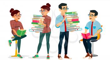 Getting Knowledge Concept Vector. Encyclopedia. Man And Woman In Book Club. Library, Academic, School, University Concept. Self Education, Literature Reading. Isolated Cartoon Illustration