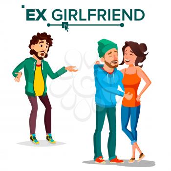 Ex Girlfriend Vector. Couple. Lifestyle Problem. Unhappy Man. Frustrated. Ex-lover. Jealousy, Love Triangle Isolated Flat Cartoon Illustration