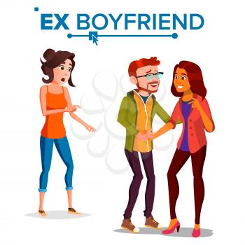 Ex Boyfriend Vector. Couple. Shocked Woman. Breaking Up. Lifestyle Problem. Ex-lover. Frustrated. Isolated Flat Cartoon Illustration