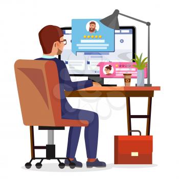 Man Writing Client Testimonial On Internet Online Store Vector. Vote, Feedback, Rating, Liked. Isolated Illustration