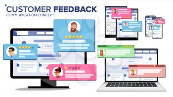 Customer Review Page On Computer Monitor, Laptop, Tablet, Mobile Phone Vector. Client Testimonials. Website Rating Feedback And Review Concept. Isolated Illustration