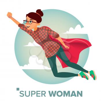 Super Businesswoman Character Vector. Achievement Victory Concept. Successful Superhero Business Woman Flying In Sky. Waving Red Cape. Isolated Flat Cartoon Illustration
