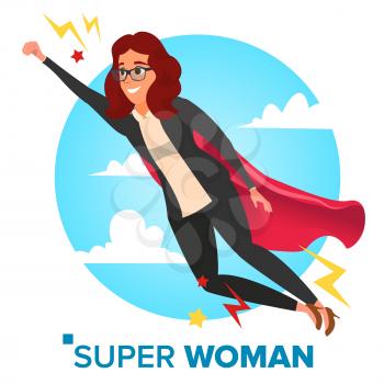 Super Business Woman Character Vector. Red Cape. Leadership Concept. Creative Modern Business Super Woman. Business Woman Flying To Success. Isolated Flat Cartoon Illustration