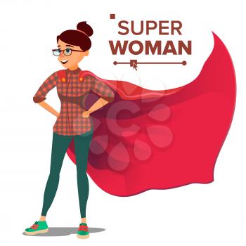 Superhero Businesswoman And Businessman Character Vector. Red Cape. Successful Business Woman And Man Standing And Flying. In Action. Leadership Concept. Creative Modern Business Superhero. Isolated