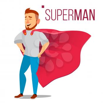 Super Businessman Character Vector. Successful Superhero Businessman Standing. Young Professional Salesman, Programmer. Office Achievement Victory Concept. Waving Red Cape. Cartoon Illustration