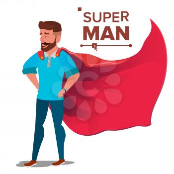 Superhero Businessman Character Vector. Red Cape. Successful Business Man Standing. Leadership Concept. Professional Manager, Programmer. Creative Modern Business Superhero. Isolated Illustration