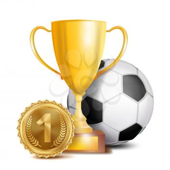 Football Award Vector. Sport Banner Background. Ball, Gold Winner Trophy Cup, Golden 1st Place Medal. Soccer Ball. 3D Realistic