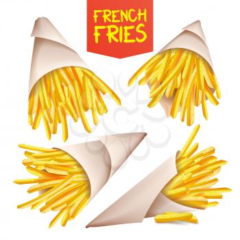 French Fries Potatoes Vector. Paper Cone. Classic American Fast Food Potato Stick. Isolated Realistic Illustration