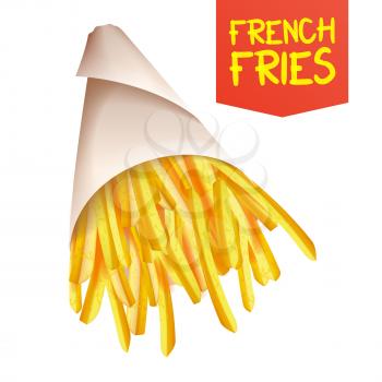 French Fries Potatoes Vector. Paper Bag Container. Tasty Fast Food Potato. Isolated Realistic Illustration