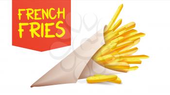 French Fries Potatoes Vector. Fast Food Icons Potato. Full Paper Bag, Cone. Isolated Realistic Illustration