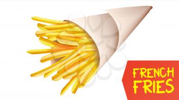 French Fries Potatoes Vector. Paper Cone. Classic American Stick Breakfast. Isolated Realistic Illustration