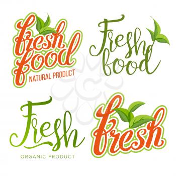 Fresh Food Sign Set Vector. Organic Food, Local Label, Fresh Stamp, Natural Food, Vegan, Product. Healthy Life. Leaf Illustation