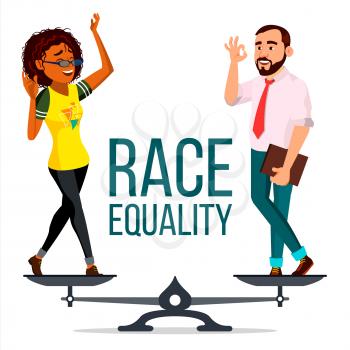 Race Equality Vector. Standing On Scales. Equal Opportunity. No Racism. Different Race Together. Tolerance. Isolated Flat Cartoon Illustration