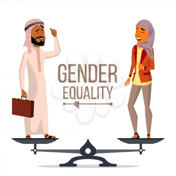 Gender Equality Vector. Man And Woman. Standing On Scales. Equal Rights. Isolated Flat Cartoon Illustration