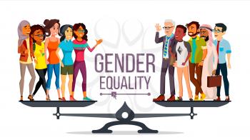 Gender Equality Vector. Businessman, Business Woman. Equal Opportunity, Rights. Male And Female. Standing On Scales. Isolated Flat Cartoon Illustration