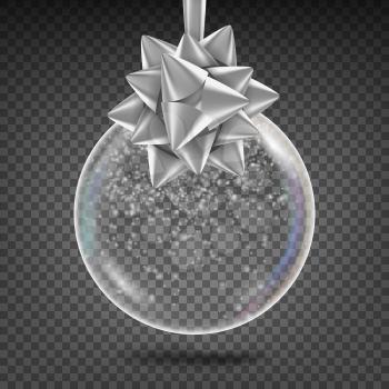 Transparent Christmas Ball Vector. Shiny Glass Xmas Tree Toy With Snowflake And Silver Bow. New Year Holidays Decoration Element. 3D Realistic. Isolated