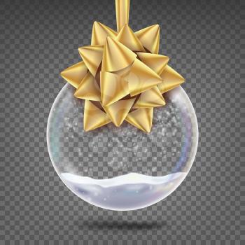 Glass Christmas Ball Vector. Realistic Sphere. Shiny Xmas Tree Toy With Snowflake And Golden Bow. Isolated