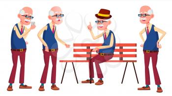 Old Man Poses Set Vector. Elderly People. Senior Person. Aged. Active Grandparent. Joy. Presentation, Print, Invitation Design Isolated Cartoon Illustration