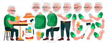 Old Man Vector. Senior Person Portrait. Elderly People. Aged. Animation Creation Set. Face Emotions, Gestures. Beautiful Retiree. Life. Print Design Animated Isolated Illustration