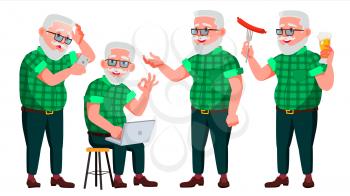 Old Man Poses Set Vector. Elderly People. Senior Person. Aged. Cute Retiree. Activity. Advertisement, Greeting, Announcement Design Isolated Cartoon Illustration