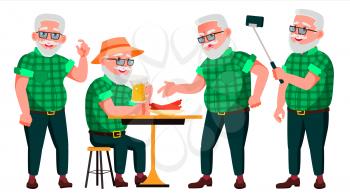 Old Man Poses Set Vector. Elderly People. Senior Person. Aged. Caucasian Retiree. Smile. Web, Poster, Booklet Design Isolated Cartoon Illustration