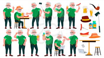 Old Man Poses Set Vector. Elderly People. Senior Person. Aged. Cheerful Grandparent. Presentation, Invitation, Card Design. Isolated Cartoon Illustration