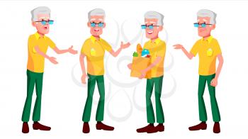 Old Man Poses Set Vector. Elderly People. Senior Person. Aged. Active Grandparent. Joy. Web, Brochure, Poster Design Isolated Cartoon Illustration