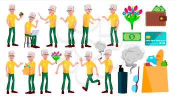 Old Man Poses Set Vector. Elderly People. Senior Person. Aged. Beautiful Retiree. Life. Presentation, Print, Invitation Design Isolated Cartoon Illustration