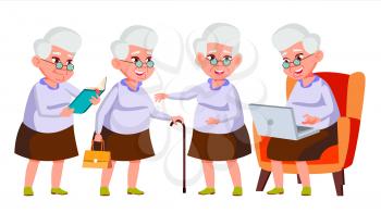 Old Woman Poses Set Vector. Elderly People. Senior Person. Aged. Friendly Grandparent. Banner, Flyer, Brochure Design. Isolated Cartoon Illustration