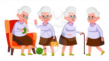 Old Woman Poses Set Vector. Elderly People. Senior Person. Aged. Beautiful Retiree. Life. Card, Advertisement, Greeting Design Isolated Cartoon Illustration
