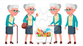 Old Woman Poses Set Vector. Elderly People. Senior Person. Aged. Caucasian Retiree. Smile. Web, Poster, Booklet Design Isolated Cartoon Illustration