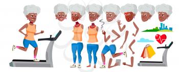 Old Woman Vector. Black. Afro American. Senior Person Portrait. Elderly People. Aged. Animation Creation Set. Face Emotions, Gestures. Active Grandparent Design Animated Cartoon Illustration
