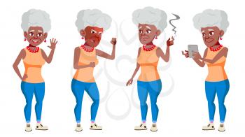 Old Woman Poses Set Vector. Black. Afro American. Elderly People. Senior Person. Aged. Funny Pensioner. Leisure. Postcard, Announcement Cover Design Isolated Cartoon Illustration