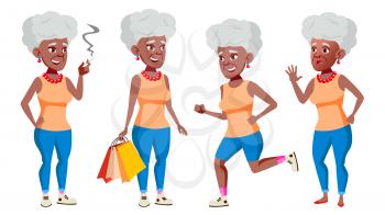 Old Woman Poses Set Vector. Black. Afro American. Elderly People. Senior Person. Aged. Comic Pensioner. Lifestyle. Postcard, Cover Placard Design Isolated Cartoon Illustration