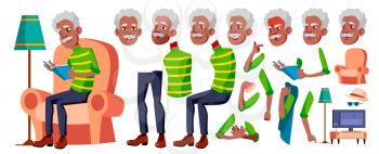 Old Man Vector. Black. Afro American. Senior Person Portrait. Elderly People. Aged. Animation Creation Set. Face Emotions, Gestures. Comic Pensioner Lifestyle Animated Cartoon Illustration