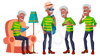 Old Man Poses Set Vector. Black. Afro American. Elderly People. Senior Person. Aged. Friendly Grandparent. Web, Poster, Booklet Design Isolated Cartoon Illustration