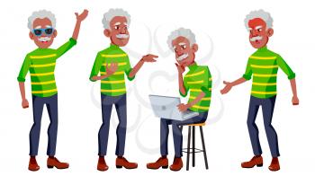 Old Man Poses Set Vector. Black. Afro American. Elderly People. Senior Person. Aged. Caucasian Retiree. Smile. Advertisement, Greeting Announcement Design Isolated Cartoon Illustration