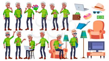 Old Man Poses Set Vector. Black. Afro American. Elderly People. Senior Person. Aged. Positive Pensioner. Web, Brochure, Poster Design Isolated Cartoon Illustration