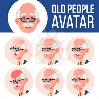 Old Man Avatar Set Vector. Face Emotions. Senior Person Portrait. Elderly People. Aged. Facial, People. Positive. Cartoon Head Illustration