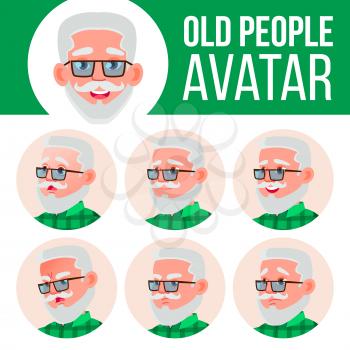 Old Man Avatar Set Vector. Face Emotions. Senior Person Portrait. Elderly People. Aged. Emotions, Emotional. Casual. Cartoon Head Illustration