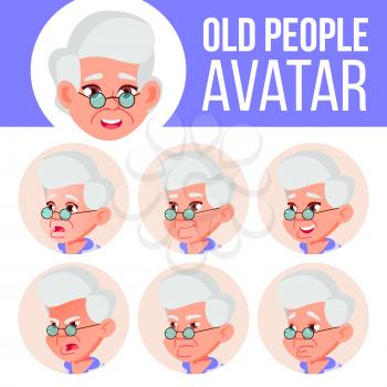 Old Woman Avatar Set Vector. Face Emotions. Senior Person Portrait. Elderly People. Aged. Facial, People. Positive. Cartoon Head Illustration