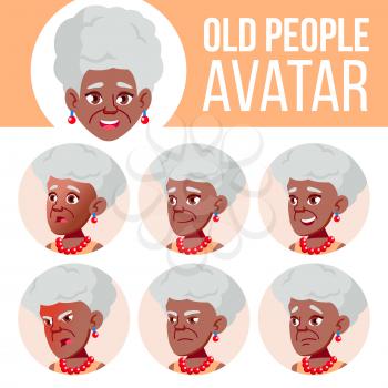 Old Woman Avatar Set Vector. Black. Afro American. Face Emotions. Senior Person Portrait. Elderly People. Aged. Flat, Portrait. Caucasian Cartoon Head Illustration