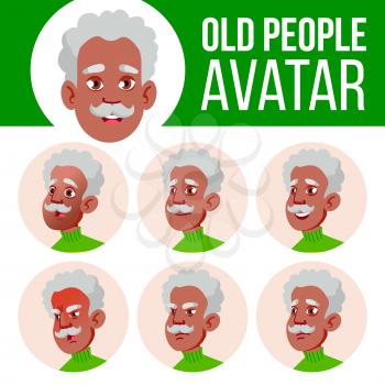 Old Man Avatar Set Vector. Black. Afro American. Face Emotions. Senior Person Portrait. Elderly People. Aged. User, Character Cheer Pretty Cartoon Illustration