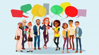 People Group Chat Vector. Businesspeople Discussing. Brainstorming. Talking Communication. Speech Bubbles Illustration