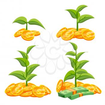 Business Growth Concept Vector. Tree Growing On Coins. Success Company. Stack Money Coins. Isolated Flat Cartoon Illustration