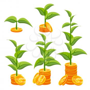 Startup Growth Concept Vector. Plant Growing In Savings Coins. Success Company. Isolated Flat Cartoon Illustration
